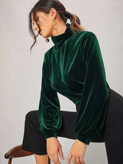 High Neck Lantern Sleeve Velvet Top | SHEIN USA Velvet Shirts Women, Green Velvet Top Outfit, Green Velvet Clothes, High Neck Top Outfit Winter, Velvet Blouse Outfit, Velvet Top Pattern, Velvet Top Outfit, High Neck Top Outfit, Velvet Tops For Women