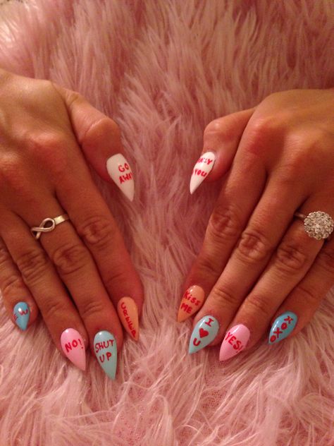 Sweet Tart Heart Nails, Love Heart Sweet Nails, Conversation Heart Nails, Candy Heart Nails, Super Cute Nails, Collection Ideas, Sweet Tart, Nails Only, Hot Nails