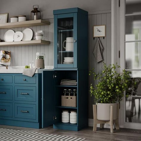 Wide Pantry, Teal Kitchen Cabinets, Pantry Utility, Utility Storage Cabinet, Teal Kitchen, Pantry Storage Cabinet, Frosted Glass Door, Solid Wood Cabinets, Kitchen Pantry Cabinets