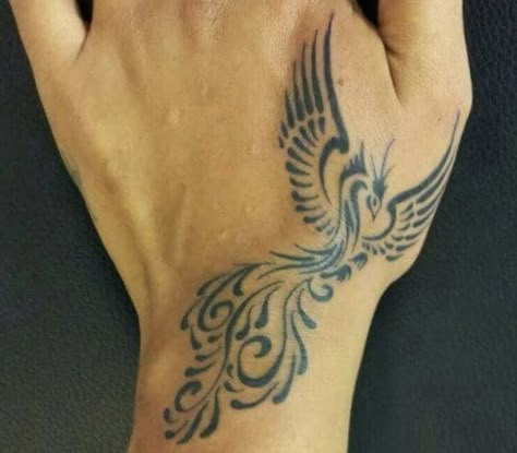 Phoenix Hand Tattoo, Phoenix Tattoo Feminine, Small Phoenix Tattoos, Phoenix Tattoos, Hand Tattoos For Girls, Hand And Finger Tattoos, Phoenix Tattoo Design, Pretty Hand Tattoos, Tasteful Tattoos