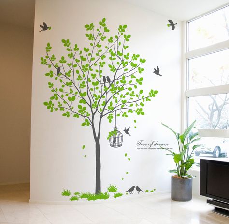 . Tree Wall Painting, Bedroom Door Decorations, Vinyl Tree Wall Decal, Simple Wall Paintings, Bird Wall Decals, Diy Wall Painting, Kitchen Wall Stickers, Wall Painting Decor, Tree Wall Stickers