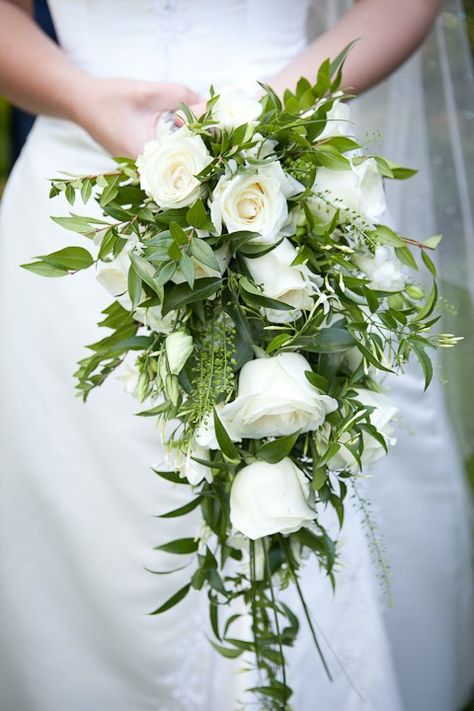 Pretty Cascade Wedding Bouquet With White Florals & Several Varieties Of Greenery & Foliage Petite Cascading Bouquet, Small Cascade Bouquet, Oxford Town, Trailing Bouquet, White Rose Bridal Bouquet, Elegant Bridal Bouquets, Bridal Accesories, Greenery Wedding Bouquet, Cascading Bridal Bouquets