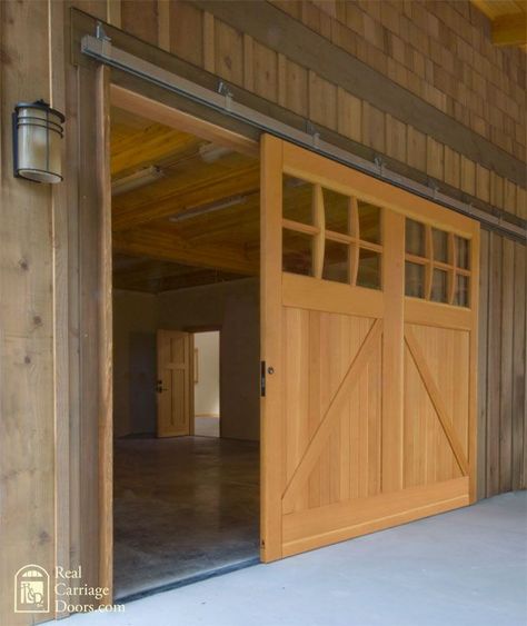 Barn Door Garage, Exterior Sliding Barn Doors, Sliding Garage Doors, Garage Windows, Exterior Barn Doors, Sliding Doors Exterior, Garage Door Types, Door Types, Carriage Doors