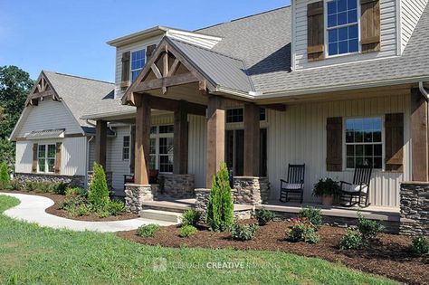 Photo Gallery | Weaver Custom Homes Rustic Front Porch, Cedar Shutters, Cedar Posts, House Paint Color Combination, Rustic Exterior, Exterior Home, Rustic Stone, Exterior Paint Colors For House, Exterior Makeover