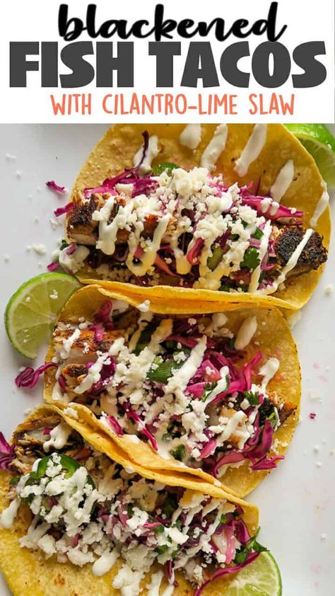 This Blackened Mahi-Mahi Fish Taco recipe comes together in less than 30 minutes, making it a perfect quick weeknight meal! The Blackened Mahi-Mahi tacos can be topped with an easy red cabbage slaw, and other customizable toppings ? click the link for the full recipe and full video! #mahimahi #tacos #easydinners #tacorecipes #weeknightdinners #tacotuesday Easy Cabbage Slaw, Mahi Mahi Fish Tacos, Mahi Tacos, Fish Taco Recipe, Mahi Mahi Tacos, Blackened Fish Tacos, Easy Fish Tacos, Mahi Fish, Red Cabbage Slaw