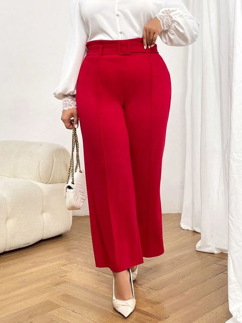 Red Elegant Collar  Knitted Fabric Plain Wide Leg Embellished Slight Stretch  Women Plus Clothing Cowboy Attire, Inspirational Outfits, Preppy Dress, Office Closet, Jump Suits, Red Outfits, High Fashion Models, Professional Clothing, Pants Skirt