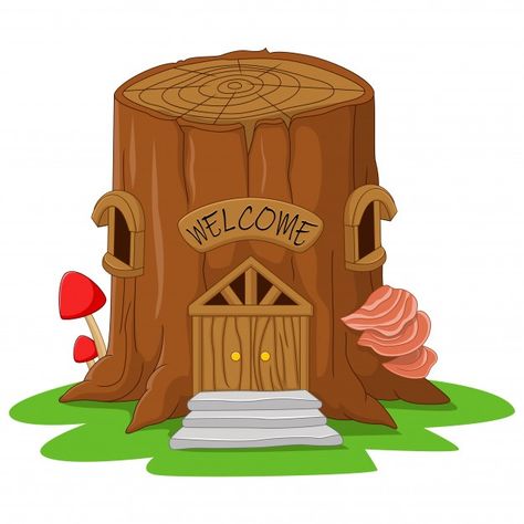 Tree Stump Fairy House, Stump Fairy House, Building Cartoon, Cartoon Tree, Cartoon Mushroom, Cartoon Trees, House Cartoon, Cartoon House, Summer Cartoon