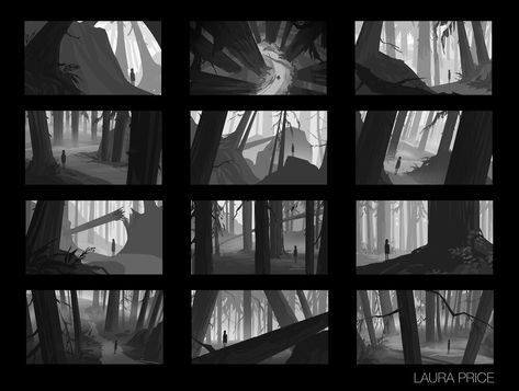 Sequence Illustration, Laura Price, Storyboard Examples, Forest Drawing, Environment Painting, Aesthetic Objects, Animation Storyboard, Bg Design, Landscape Concept