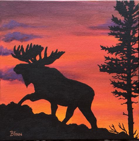 The Creative Shop - Lewiston ID | Square market all artwork available $45 plus shipping Shannon Blinn, original Silhouette of a Moose 8"x8" artwork on canvas board #art #original #animal #bird #spider #silhouette #beauty #sunset #sunrise Moose Paintings On Canvas, Moose Acrylic Painting Easy, Animal Silhouette Painting, Easy Moose Painting, Moose Paintings, Bird Silhouette Painting, Deer Silhouette Painting, Moose Drawing, Acrylics Ideas