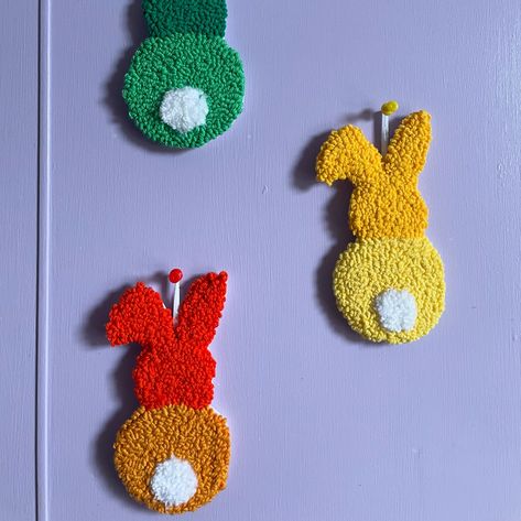 These little punch needle bunnies can be hung separately or as bunting. Adorable wall art pieces. Bunny Punch Needle, Bunny Punch, Tufted Rugs, Punch Needle, Tufted Rug, Bunting, Art Pieces, Rug, Mirror