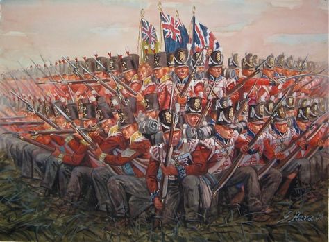 British infantry square at Waterloo, by Giuseppe Rava. As can be seen by the two regimental colours and the blue facings on the right and yellow facings on the left (as well as the different shako styles), this square is a composite of two regiments. At Waterloo there were a number of such squares, formed when a single regiment had suffered too many casualties to hold a square on their own.he History Nest Brown Bess, Ww1 Art, Waterloo 1815, Battle Of Waterloo, British Armed Forces, Military Figures, Napoleonic Wars, Historical Art, British History