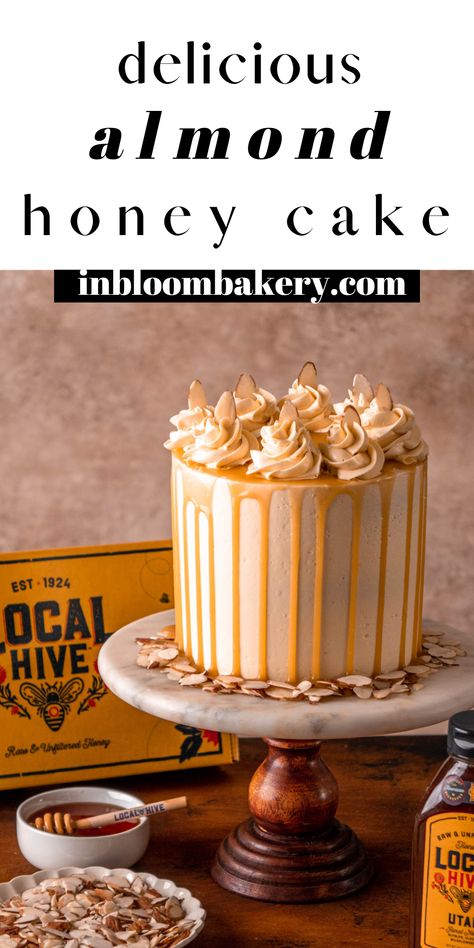 This is the best almond honey cake! It has moist almond honey cake layers, it's frosted with almond honey buttercream and finished with a honey caramel drip. Honey And Almond Cake, Honey Filling For Cake, Honey Flavored Cake, Almond Caramel Cake, Honey Cake Decoration, Almond Birthday Cake, Honey Almond Cake, Honey Buttercream Frosting, Honey Buttercream