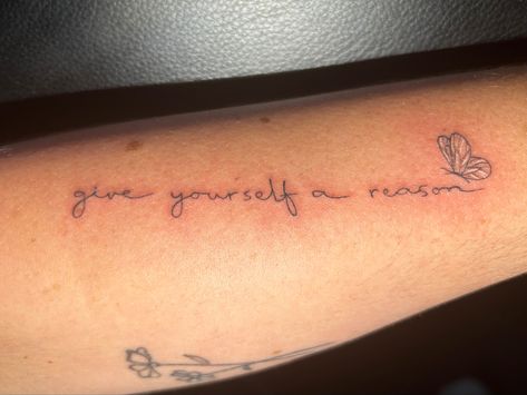 Noah Kahan Quote Tattoo, Lyric Tattoos Noah Kahan, Noah Kahan Tattoos Call Your Mom, Noah Kahan Lyrics Tattoo, Give Yourself A Reason Tattoo, Noah Kahn Tatoos, Noah Kahan Tattoo Ideas, Noah Kahan Tattoo, Small Simple Tattoo Ideas