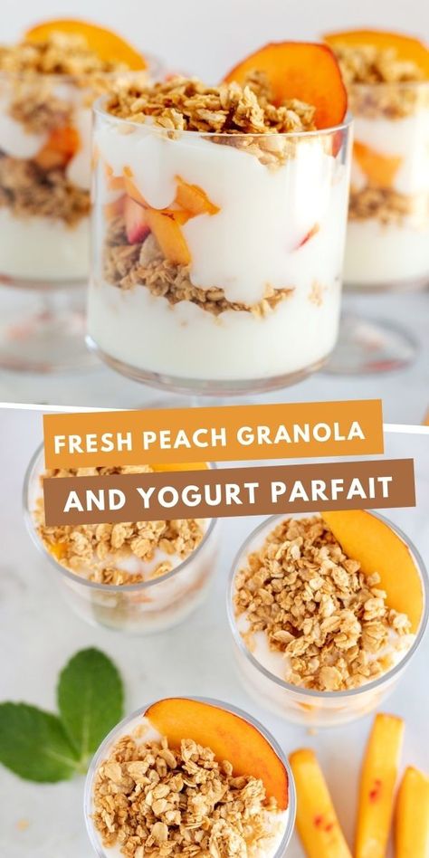 Yougart Parfait Granola, Brunch Yogurt Parfait, Peach Granola, Fruit Parfait Recipes, Granola And Yogurt, Breakfast Parfait Recipes, Healthy Yogurt Parfait, Healthy Parfait, Yogurt Parfait Recipe