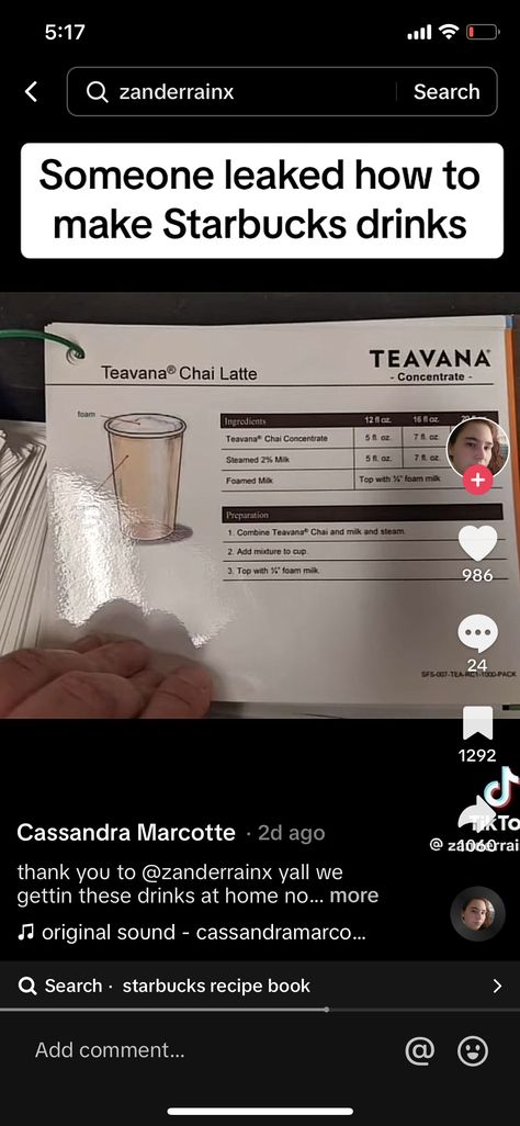 Starbucks Leaked Recipes, Milk Foam, Starbucks Recipes, Chai Latte, Book Add, Starbucks Drinks, Recipe Cards, Recipe Book, Drinks