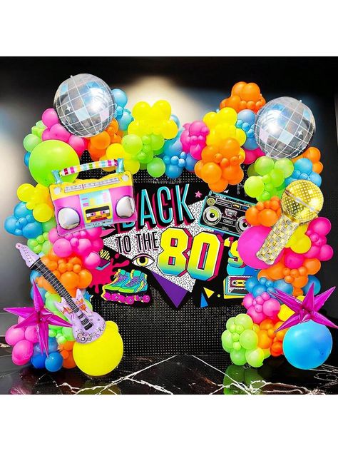 98 sztuk/zestaw 80s Music Theme Balloon Girlanda Arch Kit, zawiera Disco Ball, Guitar, Microphone, Speaker, Radio, Purple Star Foil Balloons, Hot Pink, Blue, Green, Orange Latex Ballons For 80s, 90s Disco, Rock, Graduation, Karaoke, Carnival Decorations, Christmas Wielokolorowe    PE     Event & Party Supplies, size features are:Bust: ,Length: ,Sleeve Length: 90s Hip Hop Party, 90s Disco, Guitar Party, Balloon Arch Decorations, Disco Birthday Party, Dance Decorations, Music Themed Parties, Carnival Decorations, Pink Music