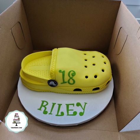 Wear your shoe and eat it too! Crocs Birthday Party Ideas, Croc Shoe Themed Birthday Party, Croc Cake, Crocs Birthday Cake, Croc Birthday Cake, Croc Shoe Cake, Croc Shoe Cake Ideas, Croc Cake Shoes, Funny Crocs Shoes