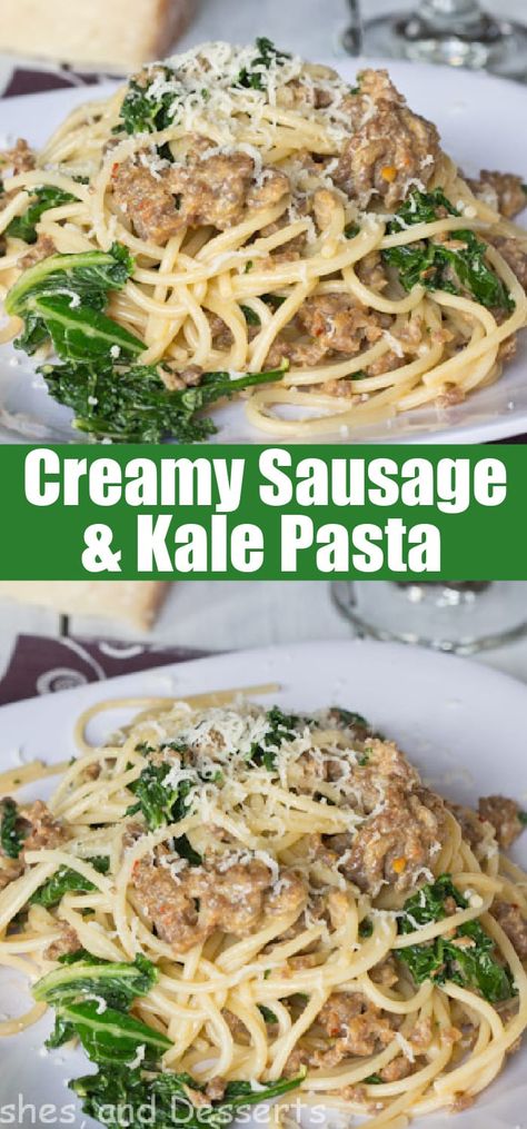 Sausage & Kale Pasta - only 5 ingredients and you’ll have a hot and hearty dinner on the table in under 25 minutes! Sausage And Kale Pasta, Sausage Kale Pasta, Kale Pasta Recipe, Ground Sausage Recipes, Sausage And Kale, Pork Sausage Recipes, Sausage Recipes For Dinner, Sausage Kale, Kale Pasta