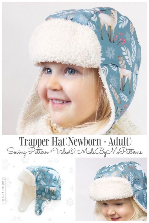 Baby Winter Hats Girl, Kids Fleece Hat Pattern, Winter Sewing Patterns Kids, Diy Trapper Hat, Trapper Hat Sewing Pattern, Baby Winter Hat Sewing Pattern, Sewing Winter Hats, Sew Winter Hat, Winter Hats To Sew