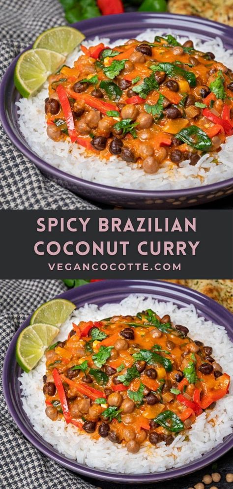 Spicy Brazilian Coconut Curry with Chickpeas Brazilian Spicy Coconut Sauce, Spicy Indian Food Recipes Vegetarian, Vegan Brazilian Recipes, Coconut Vermicelli, Spicy Coconut Curry, Curry With Chickpeas, Brazilian Recipes, Chickpea Coconut Curry, Vegan Curry Recipes