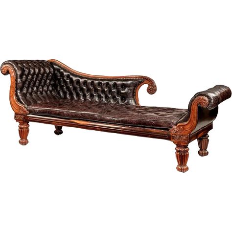 A William IV rosewood chaise longue attributed to Gillows, with deeply carved scroll terminals and arms. Vintage Chaise, Rosewood Furniture, William Iv, Georgian Furniture, Leather Bench, Gothic Home Decor, Gothic House, Formal Living Rooms, Beautiful Furniture