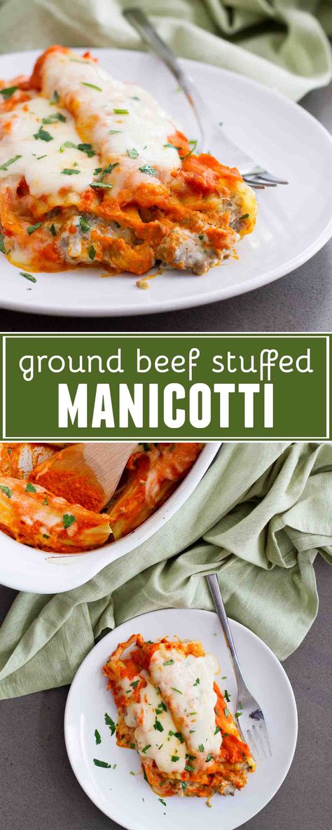 The perfect Sunday supper - this Ground Beef Stuffed Manicotti can be made ahead of time to save you from that dinnertime rush. Filled with ground beef and cheese and topped with a homemade sauce, this is a winning pasta dinner! #dinner #pasta #groundbeef Meat Manicotti Recipe, Sausage Manicotti, Beef Manicotti, Meat Manicotti, Homemade Manicotti, Spinach Manicotti, Manicotti Pasta, Stuffed Manicotti, Taste And Tell