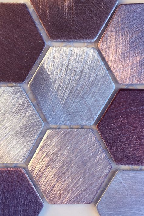 Metallic hexagon mosaic tile. Available at Statements in Santa Fe. Light Kitchen Floor, Master Shower Tile, Metallic Tile, Lavender Bathroom, High Gloss Kitchen, Purple Tile, Purple Kitchen, Hexagon Mosaic Tile, Purple Bathrooms