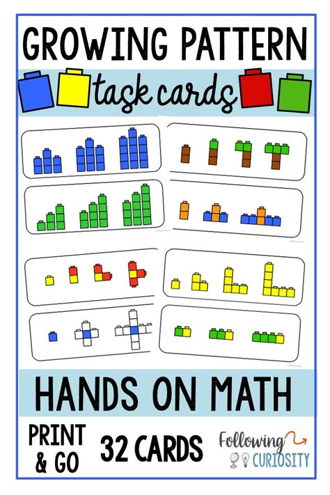 Growing Patterns Task Cards Math Center Activity. Hands-on math, 32 cards, just print and go! Hands On Pattern Activities, Growing Patterns Activities, Growing Patterns Grade 2, Growing Patterns, Patterns Math, Unifix Cubes, Addition Activities, Math Rotations, Pattern Grading