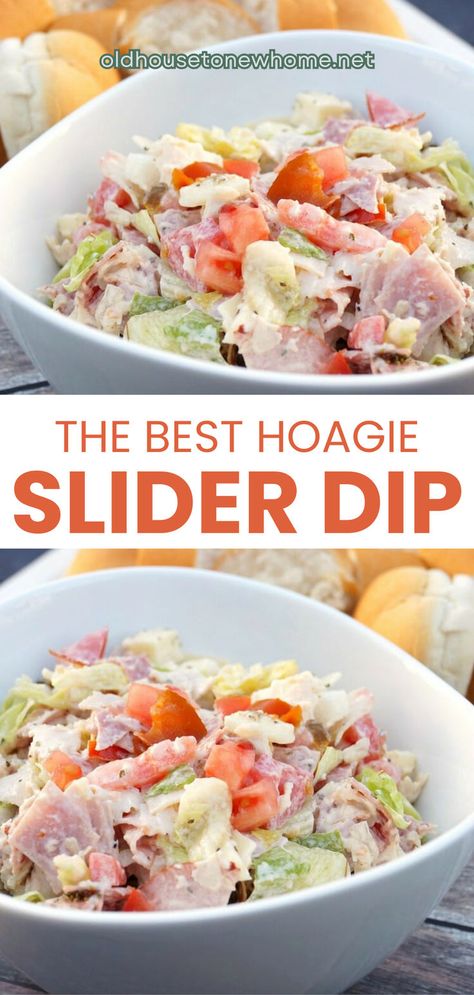 Hoagie dip sliders. This Hoagie Slider Dip is the absolute perfect snack or party food! All the flavors of your favorite sandwich in dip form! Hoagie Dip Recipe, Hoagie Dip, Sub Sandwiches, Sliced Ham, Dip Recipe, Meat And Cheese, Small Bites, Green Salad, Dip Recipes