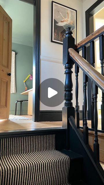 Katherine | Interior design & DIY on Instagram: "I always get asked where our stair runner ends, so hopefully this helps!   The stair runner ends on the top riser, we then painted the very top step / floorboard in @farrowandball Railings to create an end to the stair colour. The floorboards were sanded and sealed with @osmo_uk in Polyx-oil raw matt finish.  We have floorboards in the bedrooms so I think having it run through the landing too creates continuity.  Do you have floorboards on your landing or do you prefer a cosy carpet? .  DETAILS The stair carpet runner is from @hughmackaycarpets and called Deco Collection Two Tone Magpie Stripe. We bought from a local carpet shop and they also organised the fitting.  The stairs are painted in Railings by @farrowandball.  Walls are Strong Whit