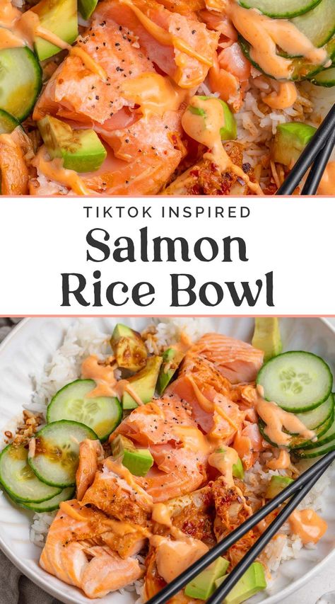 Tik Tok Salmon Rice Bowl, Salmon Rice Bowl Tiktok, Emily Mariko, Salmon Rice Bowl, Salmon Rice, Frozen Salmon, Sriracha Mayo, Salmon Bowl, Kimchi Recipe