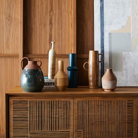 Small Credenza Decor, Bedroom Credenza Styling, Extra Long Sideboard, White Oak Sideboard, Credenza Styling, Large White Vase, Perpendicular Lines, Japanese Block Print, Buffet Bar