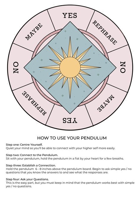 Grab our FREE pendulum board printable with easy to understand guide on how to use your pendulum. Crystal Pendulum Meanings, Pendulum For Beginners Chart, Pendulum Movement Meaning, Types Of Pendulums, Pendulum Chart Printable, Pendulum Charts Free, Pendulum Board Ideas, How To Make A Pendulum Board, How To Use A Pendulum For Beginners