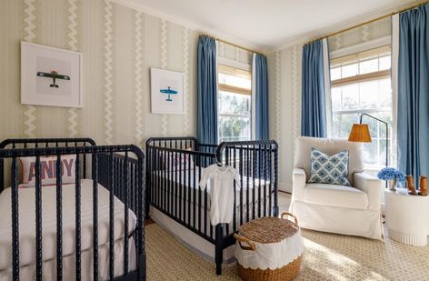 Large nursery with double cribs and framed plane illustrations Nursery Boy Wallpaper, Airplane Nursery Boy, Baby Boy Nursery Ideas, Boy Nursery Ideas, Apartment Therapy House Tours, Large Nursery, Boy Wallpaper, Airplane Nursery, Nursery Boy