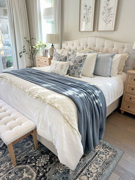 My Texas House Sienna Cotton Yarn … curated on LTK Green Room Blue Bedding, Bedroom Ideas Blues And Grays, Living Room French Farmhouse, Blue White Bedding Ideas, Modern Farmhouse Master Bed Blue, Cream Beige Blue Bedroom, Navy Cream And Tan Bedroom, Preppy Traditional Bedroom, Cozy Organic Modern Bedroom