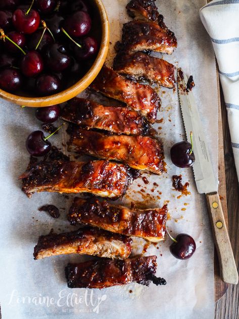 Cherry Pork Ribs Cherry Recipes Dinner, Savory Cherry Recipes, Heat Blast, August Recipes, Fresh Cherry Recipes, Sticky Pork Ribs, Lunch Summer, Donna Hay Recipes, Sticky Pork