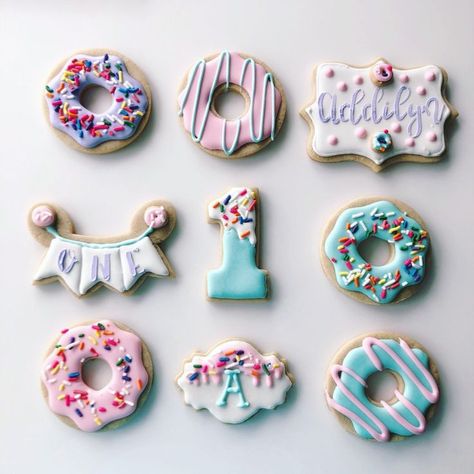 Royal Icing Donut Cookies, Donut First Birthday Cookies, Donut Theme Cookies, Donut Birthday Cookies, Sweet One First Birthday Cookies, One Year Old Birthday Cookies, One Cookies 1st Birthdays, Sweet One Cookies, Fancy Sugar Cookies