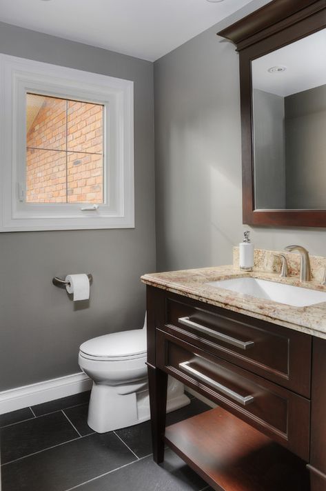 benjamin moore affinity thunder is one the best gray paint colours, great with white trim Bathroom Schemes, Benjamin Moore Paint Colors Gray, Gray Rooms, Mickey Bathroom, House Paints, Best Gray Paint, Best Gray Paint Color, Gray Furniture, Dark Brown Cabinets