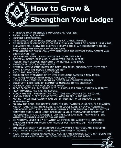 How to grow and strengthen your Lodge  #freemasonry #masons #freemasons #masonic #masonicmemes #meme #light #freemasonrysquared #freemasonry #history #facts #squareandcompass Prince Hall Mason Symbols Freemasonry, Freemasonry Quotes, Freemasonry Tattoo, Masonic Tattoos Freemasonry, Freemason Tattoo, Freemason Quotes, Freemason Secrets, Masonic Apparel, Masonic Tattoos