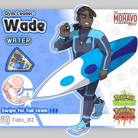 Mohavo Region on Instagram: “Ill be showing off the first bracket of gym leaders next! So meet Wade! The Water type gym leader! A stange undiscovered pokemon appears…” Pokemon Creator, Pokemon Gym Leaders, Pokemon Rpg, Pokemon Fake, Pokemon Gym, Pokemon Regions, Pokemon Breeds, Oc Pokemon, Pokemon Oc