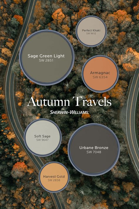 Take a road trip without leaving home. Tap this pin to order FREE color chips of six Sherwin-Williams colors that perfectly capture the coziness of an autumn adventure. #sherwinwilliams #DIY #interiordesign #color #inspiration #paint #decor #homedecor #autumnadventure #fall Earthy Orange Paint Colors, Terra Cotta Paint Color Colour Palettes Behr, Best Sherwin Williams Paint Colors To Go With Honey Oak, Earth Tone Color Palette Behr, Sherwin Williams Paint Colors For 2024, Brown Color Palette Sherwin Williams, Fall Paint Colors, Paint Color Inspiration, Favorite Paint Colors