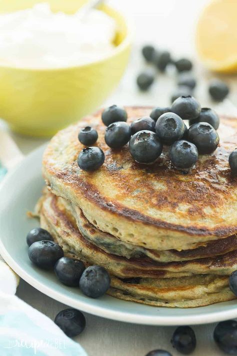 These Lemon Blueberry Greek Yogurt Pancakes are light, fluffy and made healthier with whole wheat flour! They're loaded with blueberries and pack a punch of citrus flavor! Greek Yogurt Blueberry, Greek Yogurt Pancakes Recipe, Pumpkin Chocolate Chip Pancakes, Lemon Blueberry Pancakes, Lemon Pancakes, Blueberry Pancakes Recipe, Greek Yogurt Pancakes, Yogurt Pancakes, Best Pancake Recipe