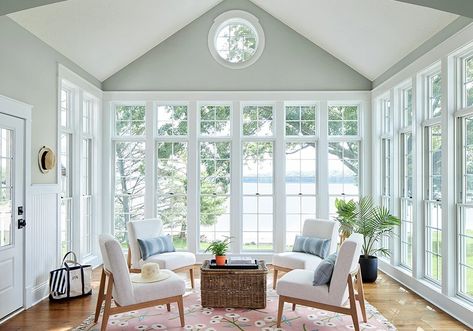 4 Tips for Choosing Sunroom Windows | Pella Palladium Windows, Sunroom Doors, 4 Season Sunroom Ideas, White Sunroom, Rustic Sunroom, Sunroom Remodel, Neoclassical Home, Sunroom Windows, Bifold Patio Doors