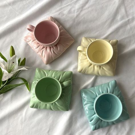 Set Of Cushion Coffee With Cup, Creative Coffee Ceramic Cups, Pillow Shaped Coaster, Housewarming Gift, Christmas Gift Pastel Pillows, Pastel Home Decor, Creative Coffee, Ceramic Tea Cup, Ceramic Coasters, Small Details, Ceramic Cup, Ceramic Pot, Ceramic Clay