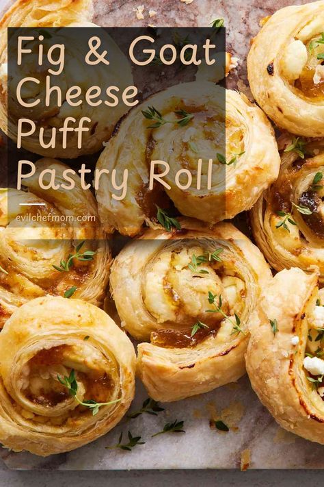 Buttery puff pastry is a tasty shortcut ingredient that can be used in many delicious ways. Here we roll out a pastry sheet and cover it with fig jam and crumbled goat cheese, then roll Puff Pastry Recipes Goat Cheese, Puff Pastry Goat Cheese Appetizers, Pepperidge Farm Puff Pastry Recipes, Goat Cheese Puff Pastry, Filo Pastry Recipes Savoury, Fig Goat Cheese, Filo Pastry Recipes, Crumbled Goat Cheese, Best Green Bean Casserole