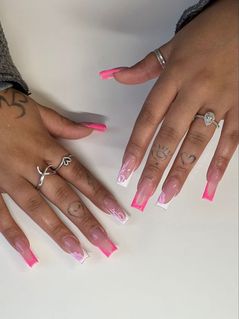 Valentine’s Nails Coffin, Valentines Day Nails Medium Coffin, Pink French Tip With Initial, Medium French Tip Nails, Pink French Tip Nails With Design, Pink On Pink French Nails, Pink French Tip Nail Designs, Nails Suggestions, Valentines Nail Set