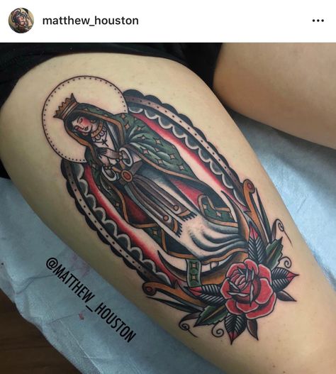 American Traditional Mary Tattoo, American Traditional Tattoos Virgin Mary, American Traditional Medusa Tattoo, American Traditional Virgin Mary Tattoo, Traditional Saint Tattoo, Traditional Virgin Mary Tattoo, Our Lady Of Guadalupe Tattoo Traditional, Our Lady Of Guadalupe American Traditional Tattoo, Mother Mary Traditional Tattoo