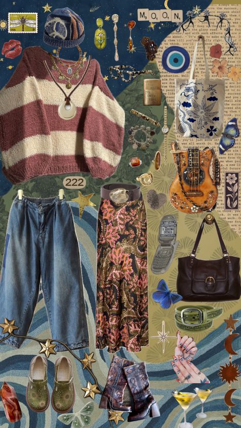 Fall outfit inspo #fall #outfit #inspo #outfitinspo #vintage #art #collage #wallpaper #october #aesthetic #eclectic #sweater #hippie #vibes #vintage #nature #beauty Fall Artsy Outfit, Concert Outfit Ideas Indie, Cluttercore Outfit, Wallpaper October Aesthetic, Fall Earthy Outfits, Eclectic Sweater, Hippie Fall Outfits, Modern Hippie Aesthetic, Hippie Outfits Winter