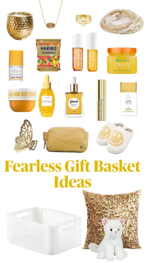 The perfect gift basket for a Swifty, who loves Taylor Swift’s album, fearless Perfect Gift Basket, Custom Sneakers Diy, Birthday Presents For Friends, Preppy Gifts, Birthday Basket, Cute Gifts For Friends, Gift Inspo, Cute Birthday Gift, Gift Basket Ideas