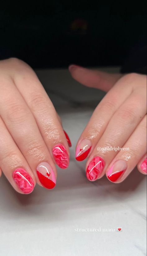 Red Pink Marble Nails, Marble Valentines Nails, Pink And Red Marble Nails, Structured Nails, Red Marble Nails, Pink And Red Nails, Nail Art Marble, Gel Manicure Designs, Nail Art Pink